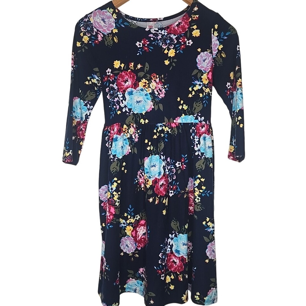 Justice Floral Fit and‎ Flare Dress Kids Size 14 Navy Blue Cottagecore Spring